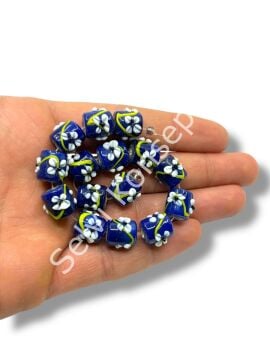 Şarlama Sanatı Çiçek İşlemeli Kısa Silindir Lacivert Dizi Cam Boncuk