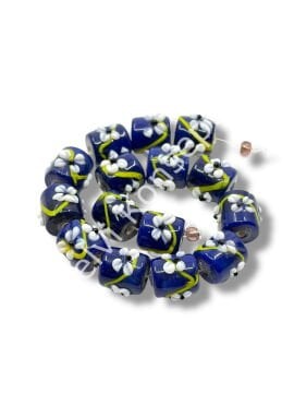 Şarlama Sanatı Çiçek İşlemeli Kısa Silindir Lacivert Dizi Cam Boncuk