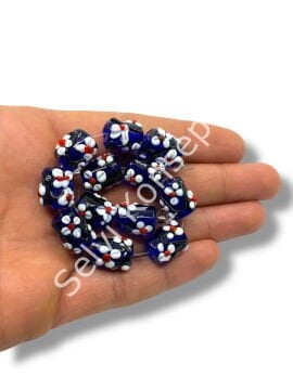 Şarlama Sanatı Çiçek İşlemeli Silindir Şeffaf Lacivert Dizi Cam Boncuk