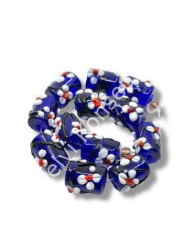 Şarlama Sanatı Çiçek İşlemeli Silindir Şeffaf Lacivert Dizi Cam Boncuk