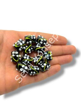 Şarlama Sanatı Çiçek İşlemeli Silindir Siyah Dizi Cam Boncuk