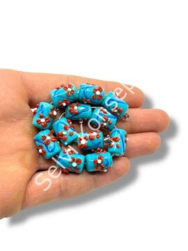 Şarlama Sanatı Çiçek İşlemeli Silindir Turkuaz Dizi Cam Boncuk