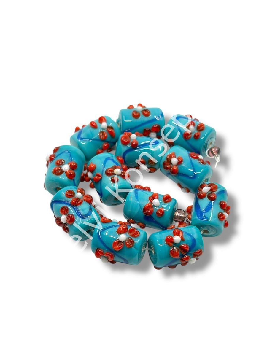 Şarlama Sanatı Çiçek İşlemeli Silindir Turkuaz Dizi Cam Boncuk