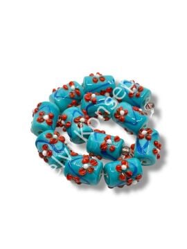 Şarlama Sanatı Çiçek İşlemeli Silindir Turkuaz Dizi Cam Boncuk