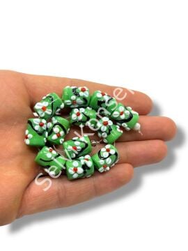 Şarlama Sanatı Çiçek İşlemeli Silindir Yeşil Dizi Cam Boncuk