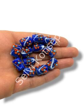 Şarlama Sanatı Çiçek İşlemeli Silindir Lacivert Dizi Cam Boncuk