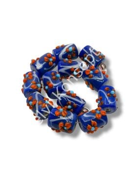 Şarlama Sanatı Çiçek İşlemeli Silindir Lacivert Dizi Cam Boncuk