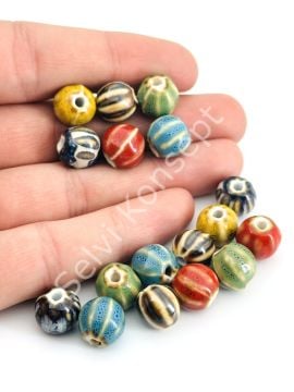 Otantik Seramik Boncuk Çizgili Yuvarlak 12x10 mm