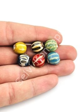 Otantik Seramik Boncuk Çizgili Yuvarlak 12x10 mm