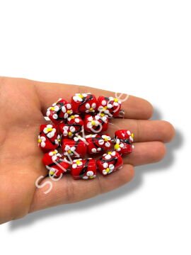 Şarlama Sanatı Çiçek İşlemeli Silindir Kırmızı Dizi Cam Boncuk