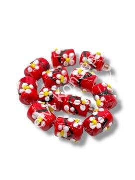 Şarlama Sanatı Çiçek İşlemeli Silindir Kırmızı Dizi Cam Boncuk