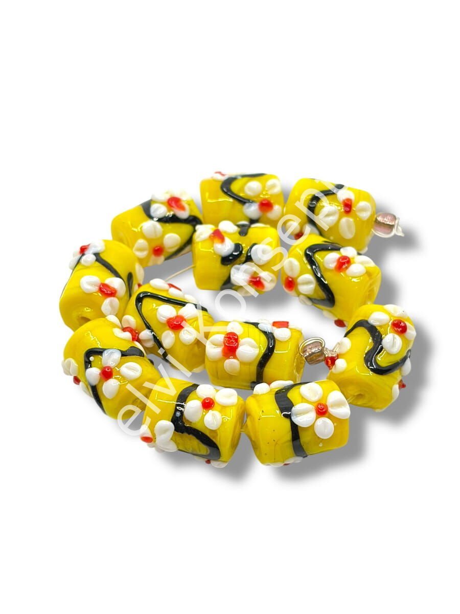 Şarlama Sanatı Çiçek İşlemeli Silindir Sarı Dizi Cam Boncuk