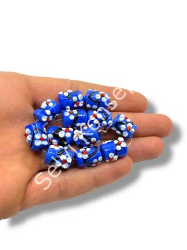 Şarlama Sanatı Çiçek İşlemeli Silindir Saks Mavi Dizi Cam Boncuk