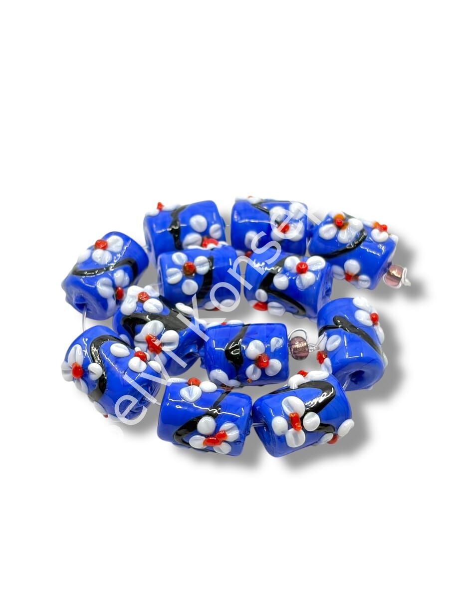 Şarlama Sanatı Çiçek İşlemeli Silindir Saks Mavi Dizi Cam Boncuk