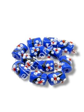 Şarlama Sanatı Çiçek İşlemeli Silindir Saks Mavi Dizi Cam Boncuk