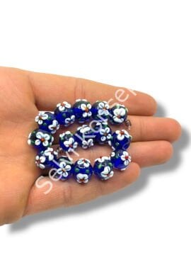 Şarlama Sanatı Çiçek İşlemeli Yuvarlak Şeffaf Lacivert Dizi Cam Boncuk