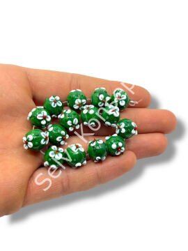 Şarlama Sanatı Çiçek İşlemeli Yuvarlak Yeşil Dizi Cam Boncuk