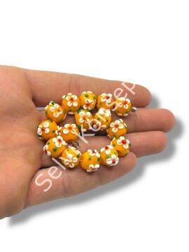 Şarlama Sanatı Çiçek İşlemeli Yuvarlak Turuncu Dizi Cam Boncuk