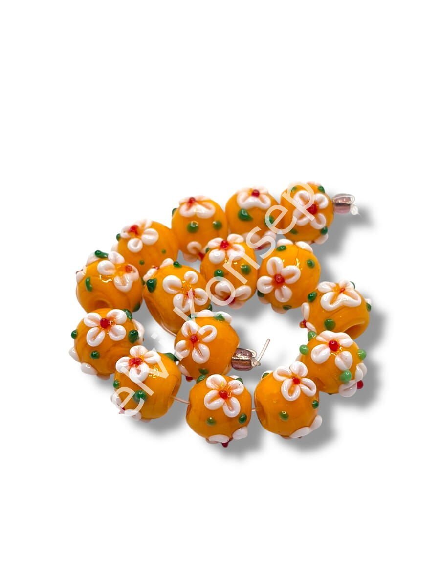 Şarlama Sanatı Çiçek İşlemeli Yuvarlak Turuncu Dizi Cam Boncuk