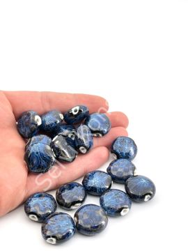 Otantik Seramik Boncuk Yassı Benekli 20 mm Lacivert