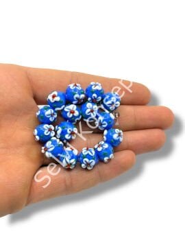 Şarlama Sanatı Çiçek İşlemeli Yuvarlak Saks Mavi Dizi Cam Boncuk