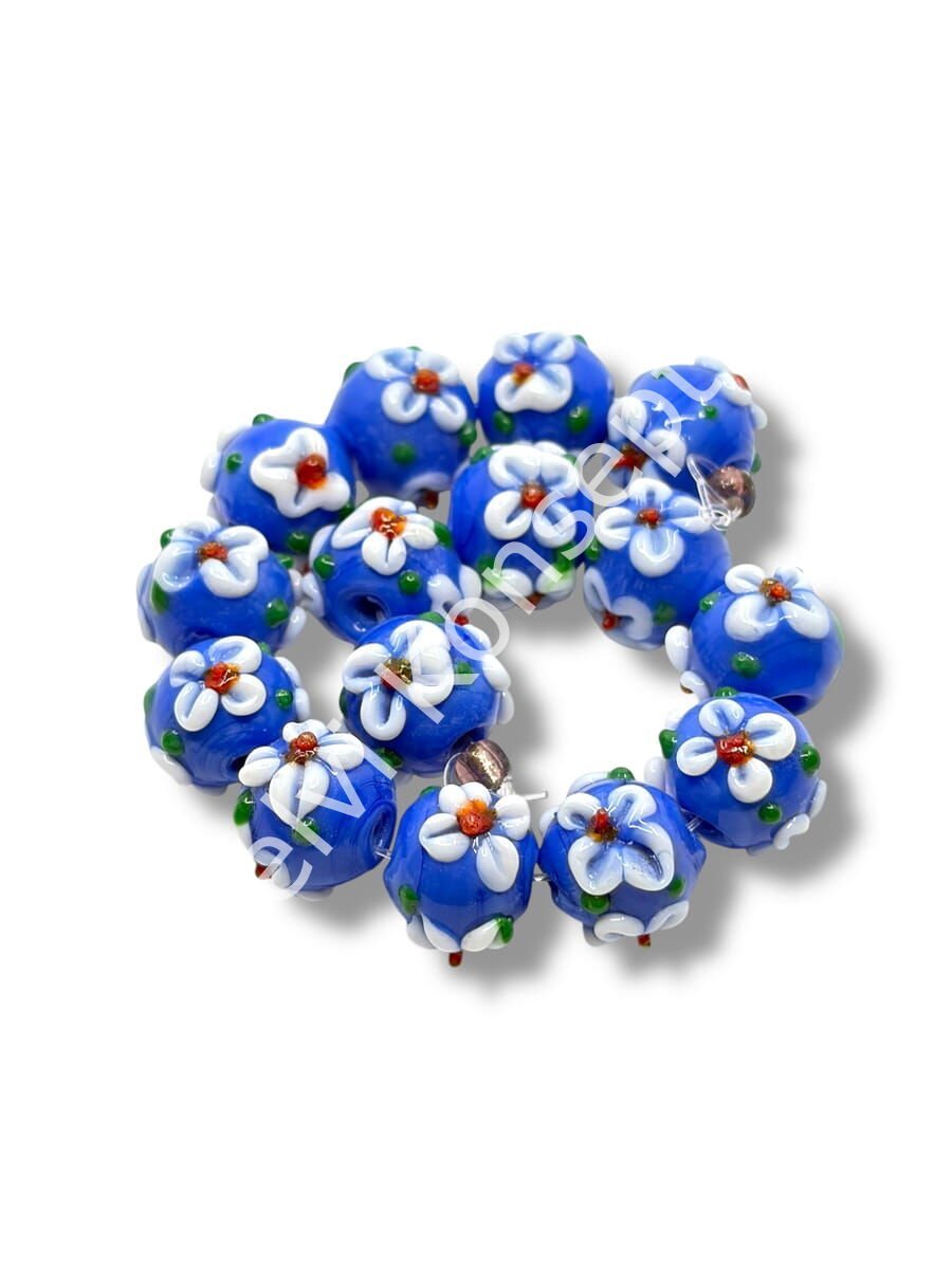 Şarlama Sanatı Çiçek İşlemeli Yuvarlak Saks Mavi Dizi Cam Boncuk