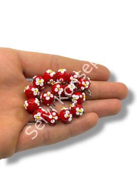 Şarlama Sanatı Çiçek İşlemeli Yuvarlak Kırmızı Dizi Cam Boncuk