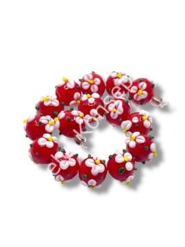 Şarlama Sanatı Çiçek İşlemeli Yuvarlak Kırmızı Dizi Cam Boncuk