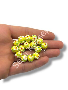 Şarlama Sanatı Çiçek İşlemeli Yuvarlak Sarı Dizi Cam Boncuk