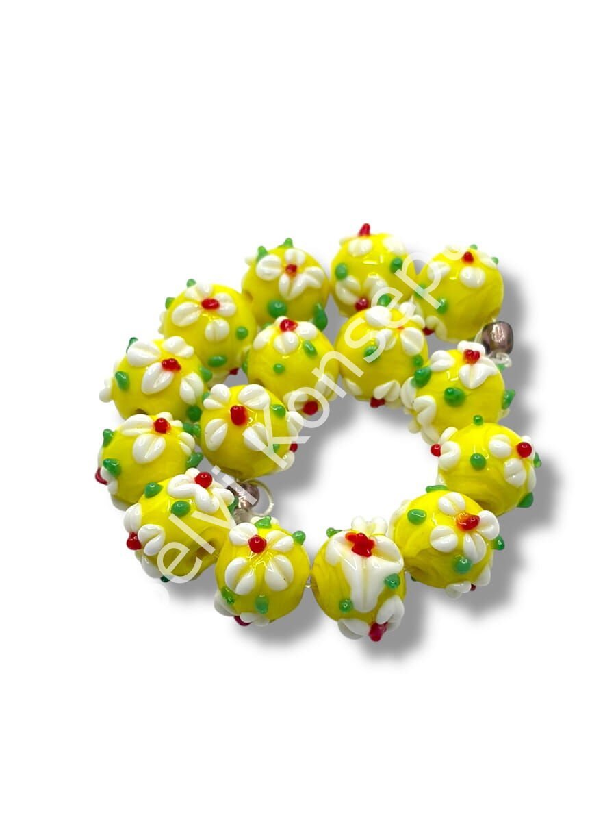 Şarlama Sanatı Çiçek İşlemeli Yuvarlak Sarı Dizi Cam Boncuk