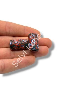Gana-Krobo Cam Boncuk Koyu Yeşil-Kırmızı 13x25 mm 10 Adet