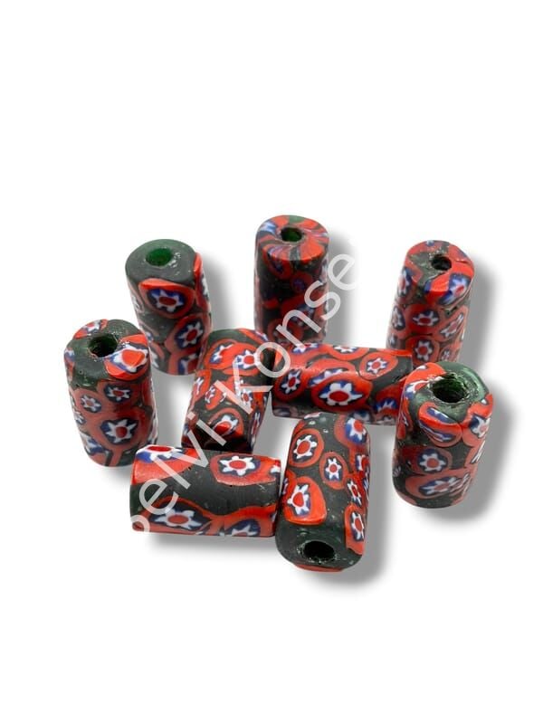 Gana-Krobo Cam Boncuk Koyu Yeşil-Kırmızı 13x25 mm 10 Adet