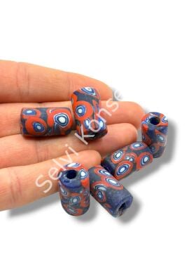 Gana-Krobo Cam Boncuk Lacivert-Kırmızı 13x25 mm 10 Adet