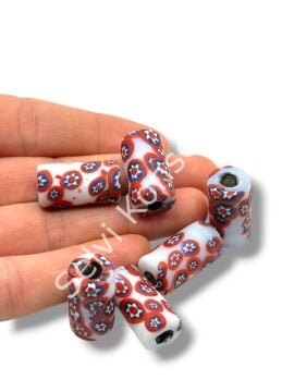 Gana-Krobo Cam Boncuk Beyaz-Kırmızı 13x25 mm 10 Adet