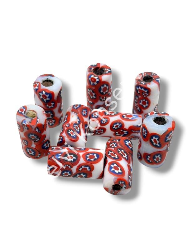 Gana-Krobo Cam Boncuk Beyaz-Kırmızı 13x25 mm 10 Adet