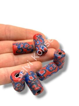 Gana-Krobo Cam Boncuk Kırmızı-Lacivert 13x25 mm 10 Adet