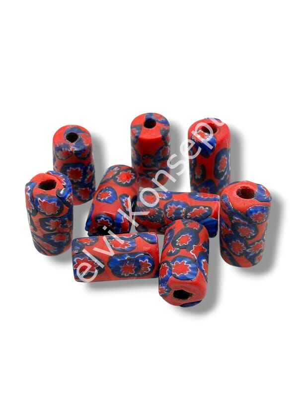 Gana-Krobo Cam Boncuk Kırmızı-Lacivert 13x25 mm 10 Adet