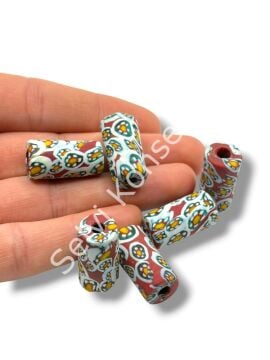 Gana-Krobo Cam Boncuk Bordo-Beyaz 13x25 mm 10 Adet