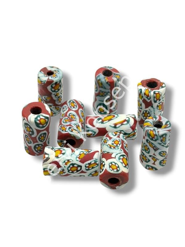 Gana-Krobo Cam Boncuk Bordo-Beyaz 13x25 mm 10 Adet