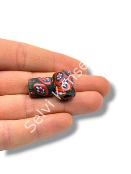 Gana-Krobo Cam Boncuk Koyu Yeşil-Kırmızı 12x16 mm 10 Adet