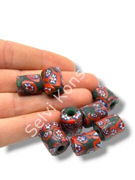 Gana-Krobo Cam Boncuk Koyu Yeşil-Kırmızı 12x16 mm 10 Adet