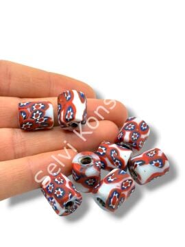 Gana-Krobo Cam Boncuk Beyaz-Kırmızı 12x16 mm 10 Adet