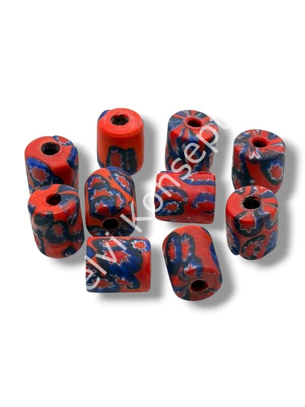 Gana-Krobo Cam Boncuk Kırmızı-Lacivert 12x16 mm 10 Adet