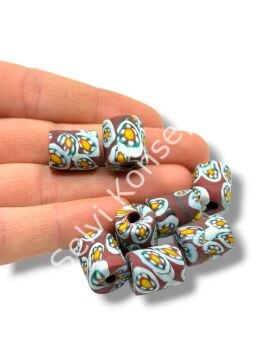 Gana-Krobo Cam Boncuk Bordo-Beyaz 12x16 mm 10 Adet