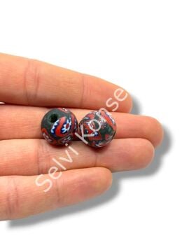 Gana-Krobo Cam Boncuk Koyu Yeşil-Kırmızı 15 mm 10 Adet