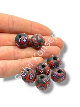 Gana-Krobo Cam Boncuk Koyu Yeşil-Kırmızı 15 mm 10 Adet