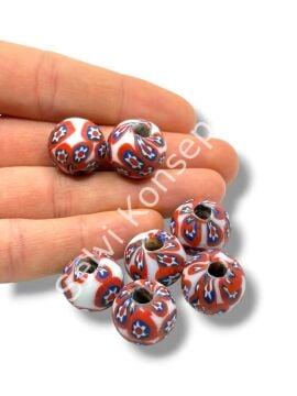 Gana-Krobo Cam Boncuk Beyaz-Kırmızı 17 mm 10 Adet