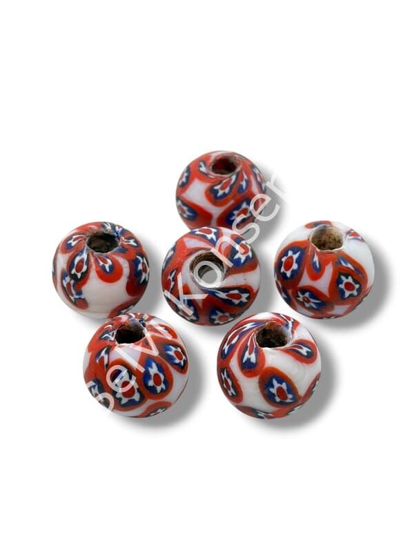 Gana-Krobo Cam Boncuk Beyaz-Kırmızı 17 mm 10 Adet