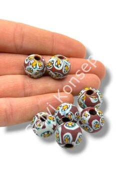 Gana-Krobo Cam Boncuk Bordo-Beyaz 15 mm 10 Adet