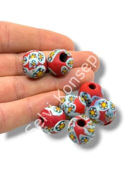 Gana-Krobo Cam Boncuk Kırmızı-Beyaz 15 mm 10 Adet